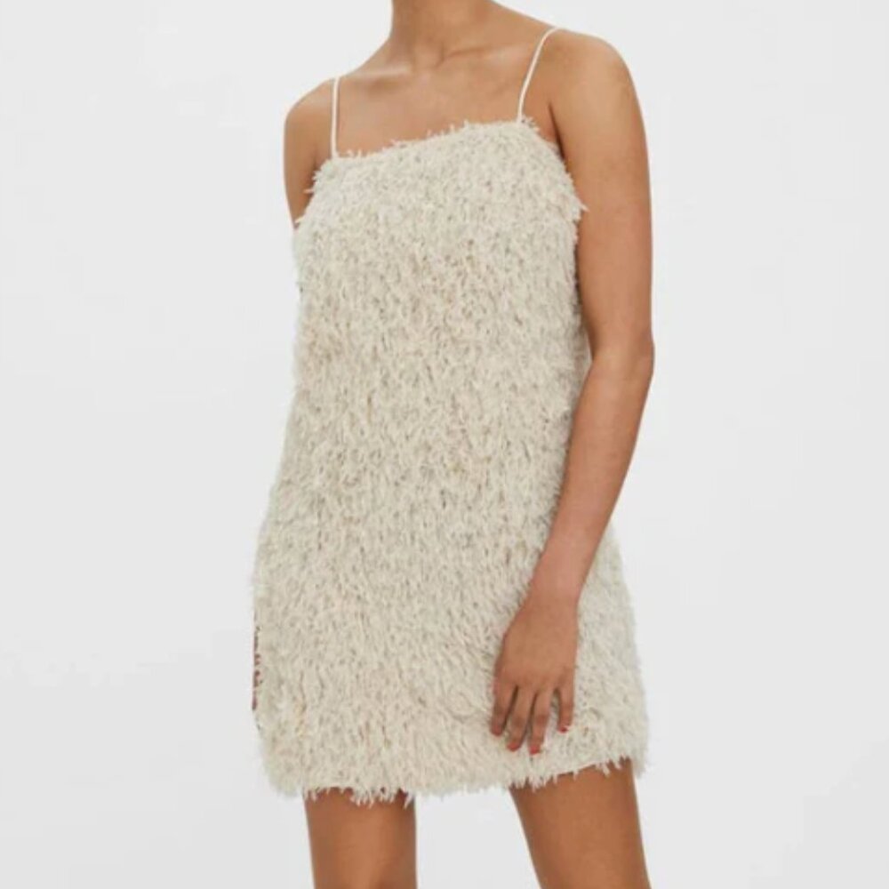 Vero Moda New Kari Singlet Y2K Fuzzy Faux Feather Coquette Mini Slip Dress XS
